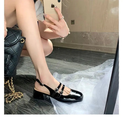 2025 Women’s Burgundy Mary Jane Shoes – Square-Toe Patent Leather Chunky Heel with Double Buckle