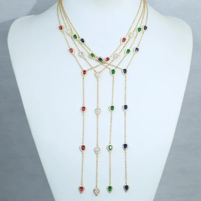 2023 Gold Plated Y Lariat Necklace - Colorful CZ Teardrop Pendant Geometric Jewelry for Women