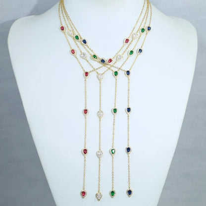 2023 Gold Plated Y Lariat Necklace - Colorful CZ Teardrop Pendant Geometric Jewelry for Women