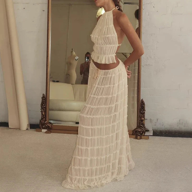 Women’s Boho Sexy Backless 2-Piece Set – Vintage Ruched Halter Cami Top & Maxi Skirt Beach Holiday Party Outfit