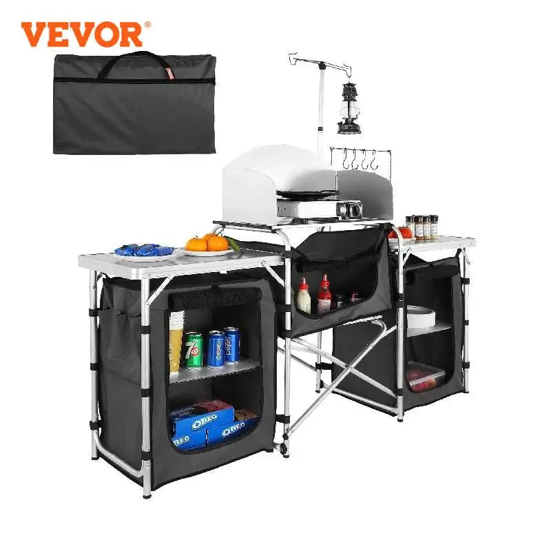 VEVOR Foldable Camping Kitchen Table – Outdoor Cooking Cabinet with Storage Rack & X-Shaped Aluminum Alloy Frame for BBQ & Picnic
