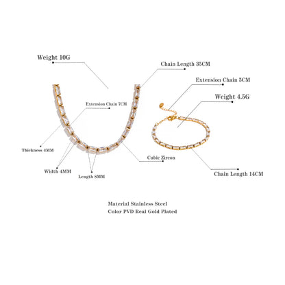 Yhpup Waterproof White & Green Cubic Zirconia Stainless Steel Necklace Bracelet Jewelry Set for Women