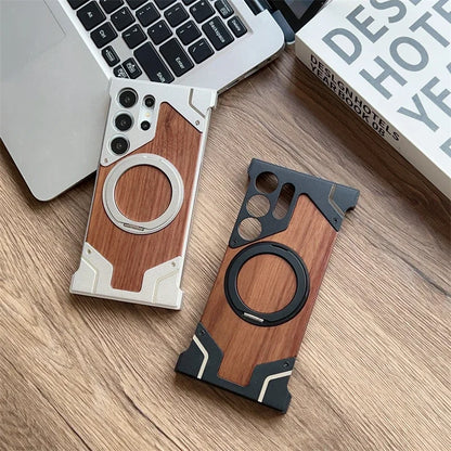 Aluminum & Wooden Magnetic Phone Case – 360° Shockproof Magsafe Cover for Samsung Galaxy S22-S25 Ultra