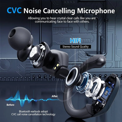 Bluetooth 5.3 True Wireless Earphones with Mic, Noise Reduction, Waterproof Sport Headset with Earhooks