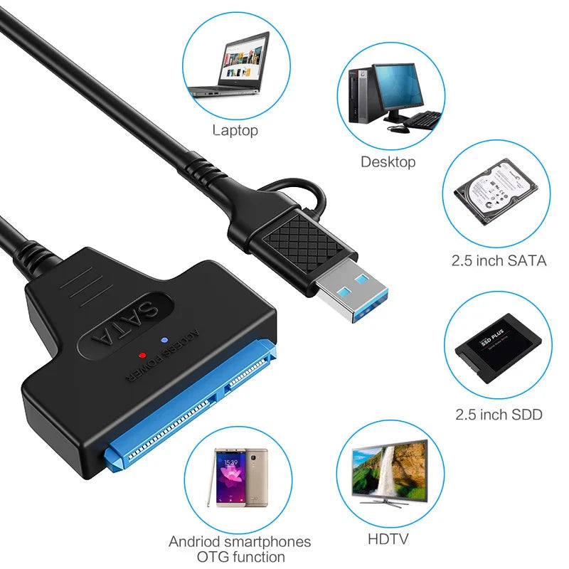 USB 3.1/2.0 SATA to USB Cable – USB 3.0 to SATA III Hard Disk Adapter, Compatible with 2.5-inch HDD and SSD, UASP Support