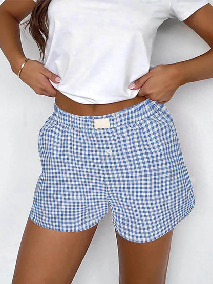 Women’s Teen Girls Elastic Waist Pull-On Red & Blue Plaid Casual Lounge Summer Shorts