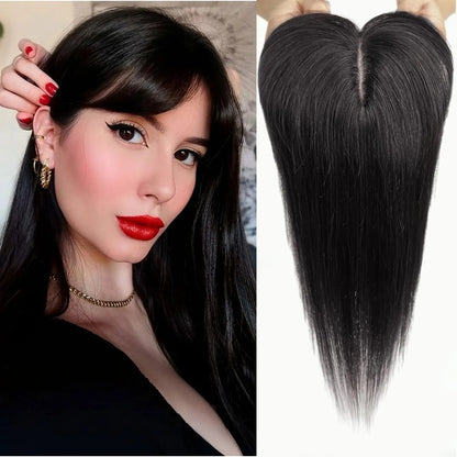 Straight Ombre Brown Remy Human Hair Topper – 100% Silk Base Clip-in Wig with Bangs, Hair Extension for Women