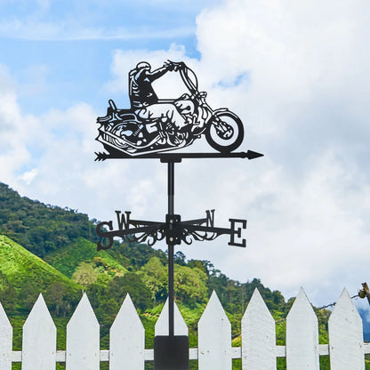 Motorcyclist Weathervane: Black Metal Silhouette Art, Motorcycle-Themed Wind Vane for Outdoor Garden, Roof, and Yard Decor