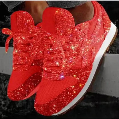 2025 Women’s Flat Sneakers – Casual Bling Mesh Lace-Up Platform Shoes, Plus Size Outdoor Fashion Footwear