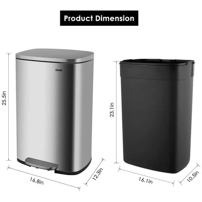 50L Stainless Steel Step Trash Can — Kitchen & Home Garbage Bin for Office, Bedroom, Garage, Living Room & Bathroom