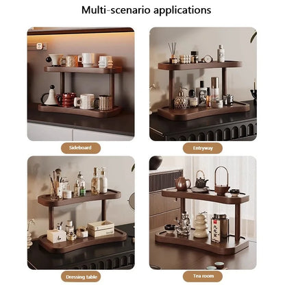 2-Tier Bamboo Makeup & Cup Organizer – Wooden Vanity Rack for Coffee Mugs, Counter & Kitchen Storage