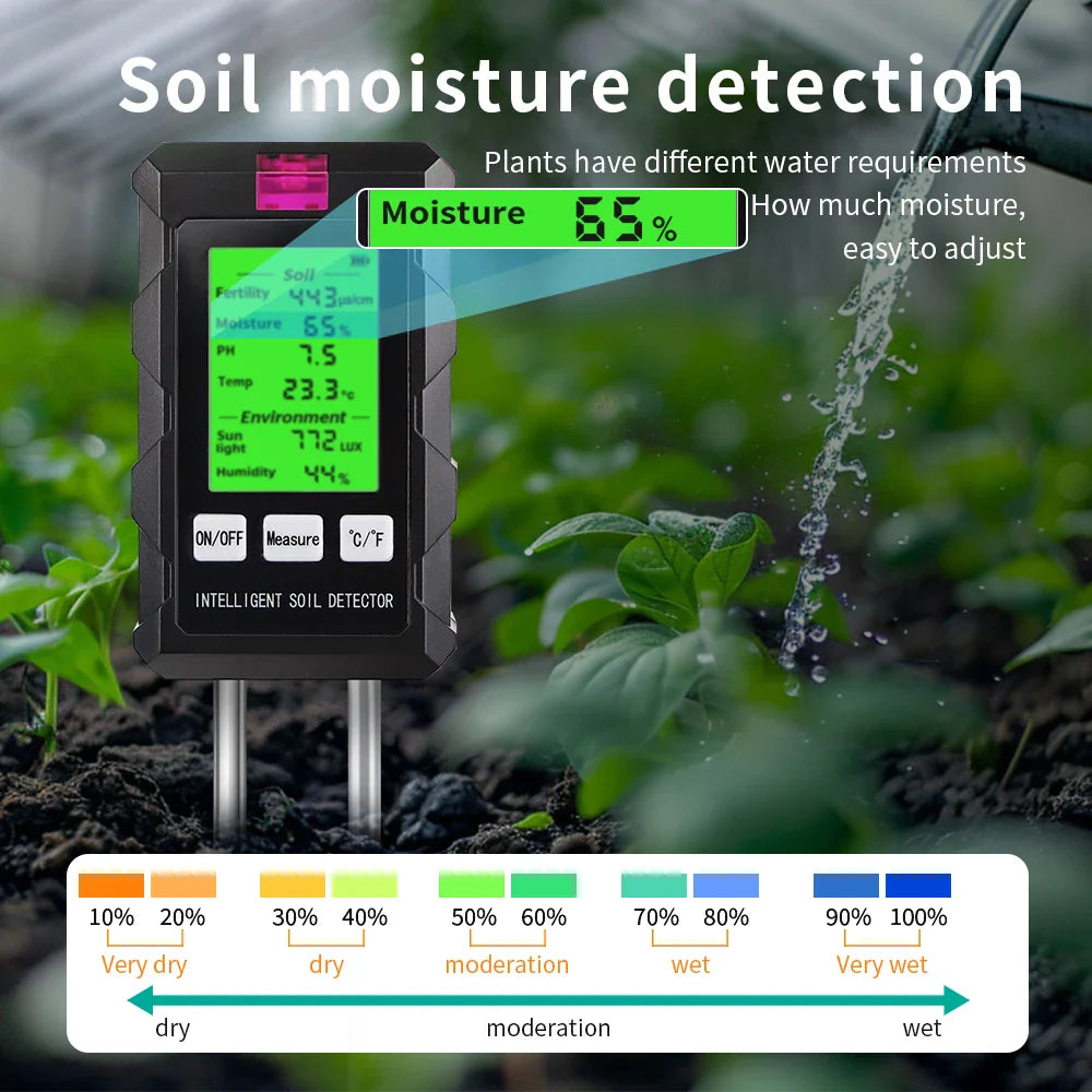 6 in 1 Soil Tester - pH, Temperature, Humidity, Sunlight, Air, Moisture & Nutrient Fertility Meter for Gardening