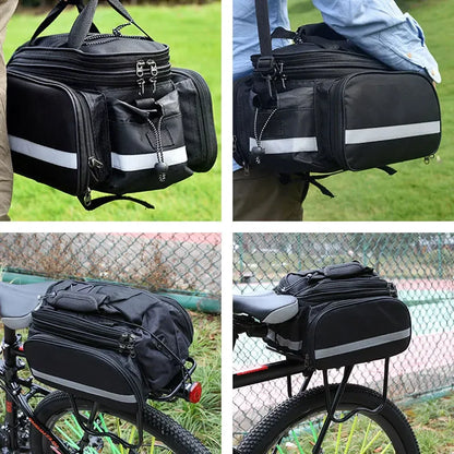 3-in-1 Waterproof Bike Trunk Bag — Large Capacity MTB & Road Bicycle Rear Seat Rack Panniers, Travel Luggage Carrier