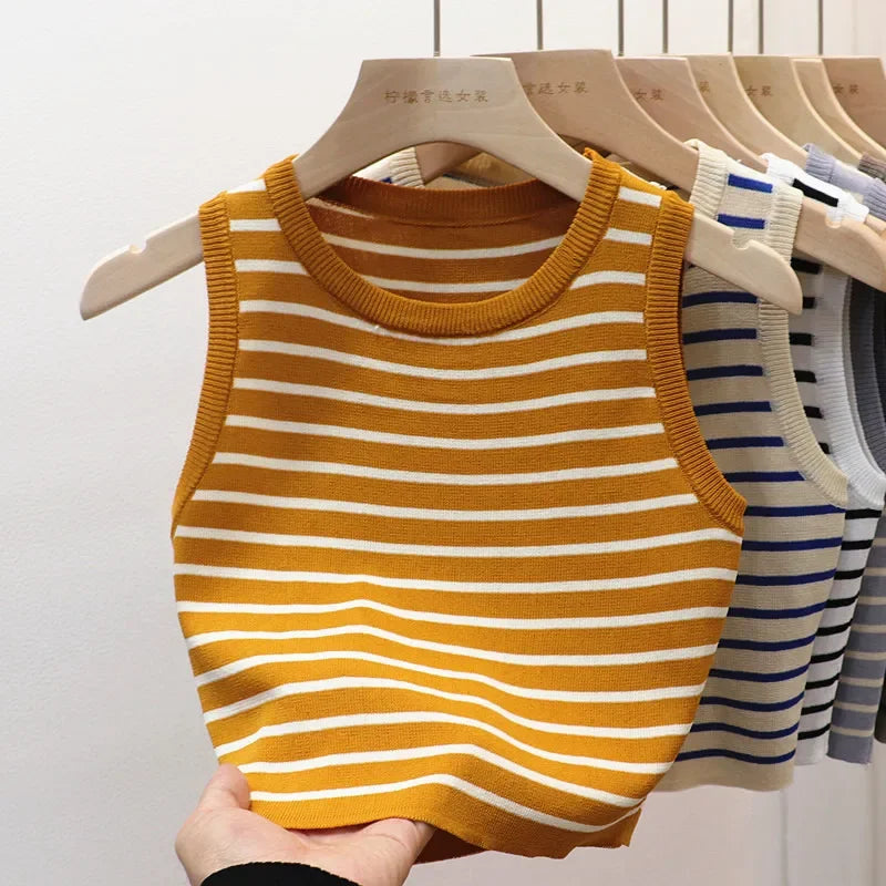 Women's Striped Sleeveless Tank Top — Knitted Crop Summer & Spring Casual Slim Fit Vest Camis