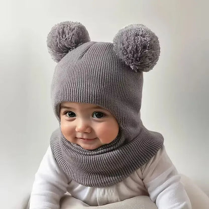 Kids Winter Hooded Knitted Hat - Warm Double-Ball Cap with Ear & Neck Protection