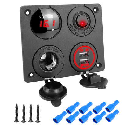 4-in-1 12V/24V Dual USB Power Adapter Panel 3.1A with LED Voltmeter & Rocker Switch for Car, RV, Truck & Marine Use