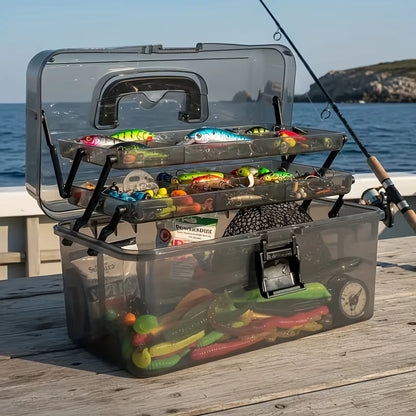Large Capacity Fishing Gear Storage Box - Durable Black Transparent PE Tackle Organizer with Safety Lock