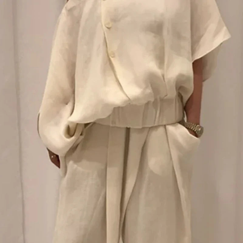 Women’s Fashion 2-Piece Set – Wide-Leg Buttoned Pants & Hollow Solid Color Loose Cold-Shoulder Blouse
