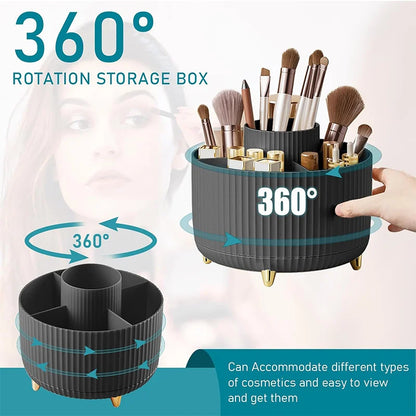 360° Rotating Makeup Organizer - 5 Compartment Plastic Cosmetic Holder for Brushes & Beauty Storage