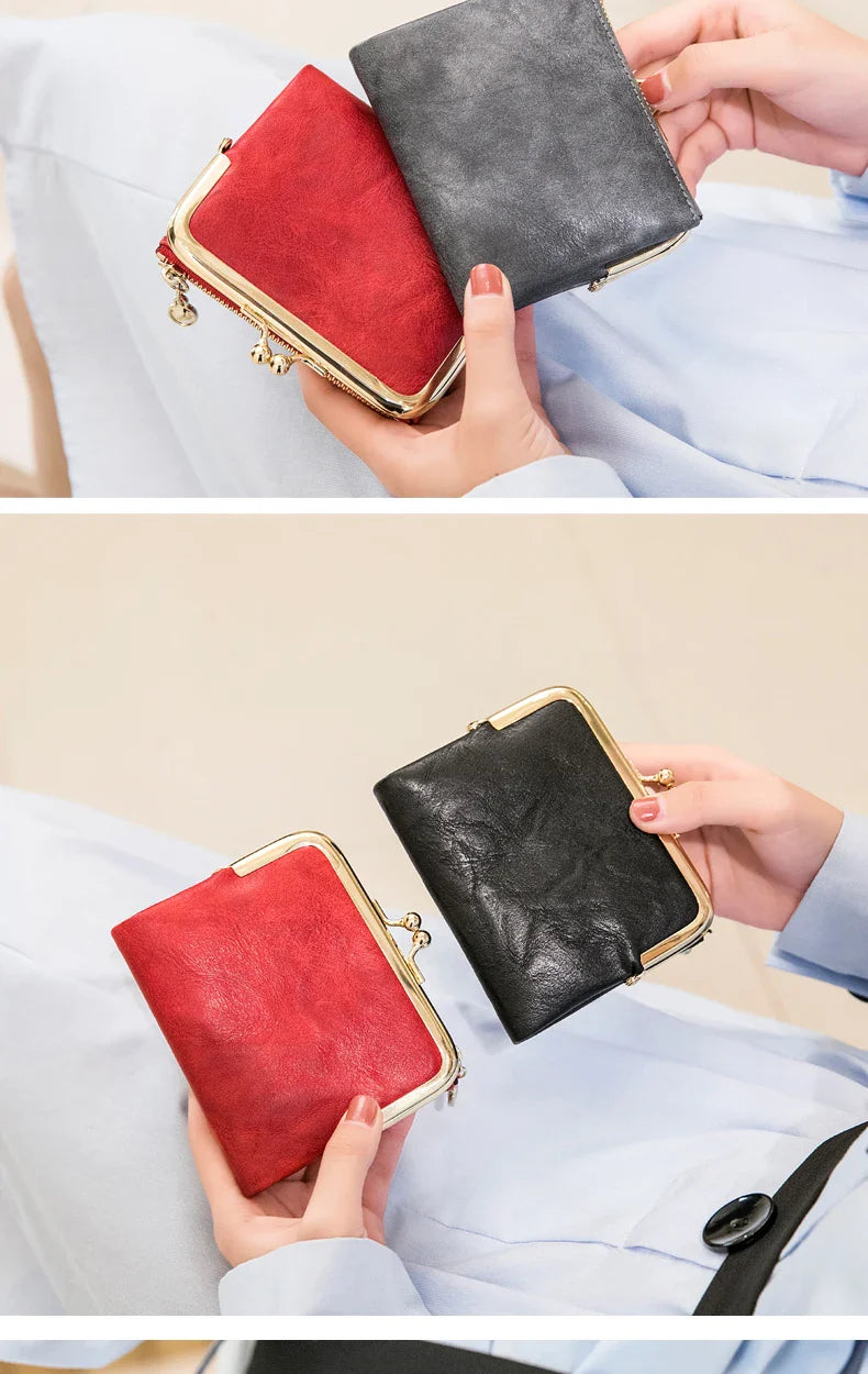 MIYIN Women’s Small Wallet – RFID Compact Bifold Leather Coin Purse with Zipper & Kiss Lock, Vintage Design