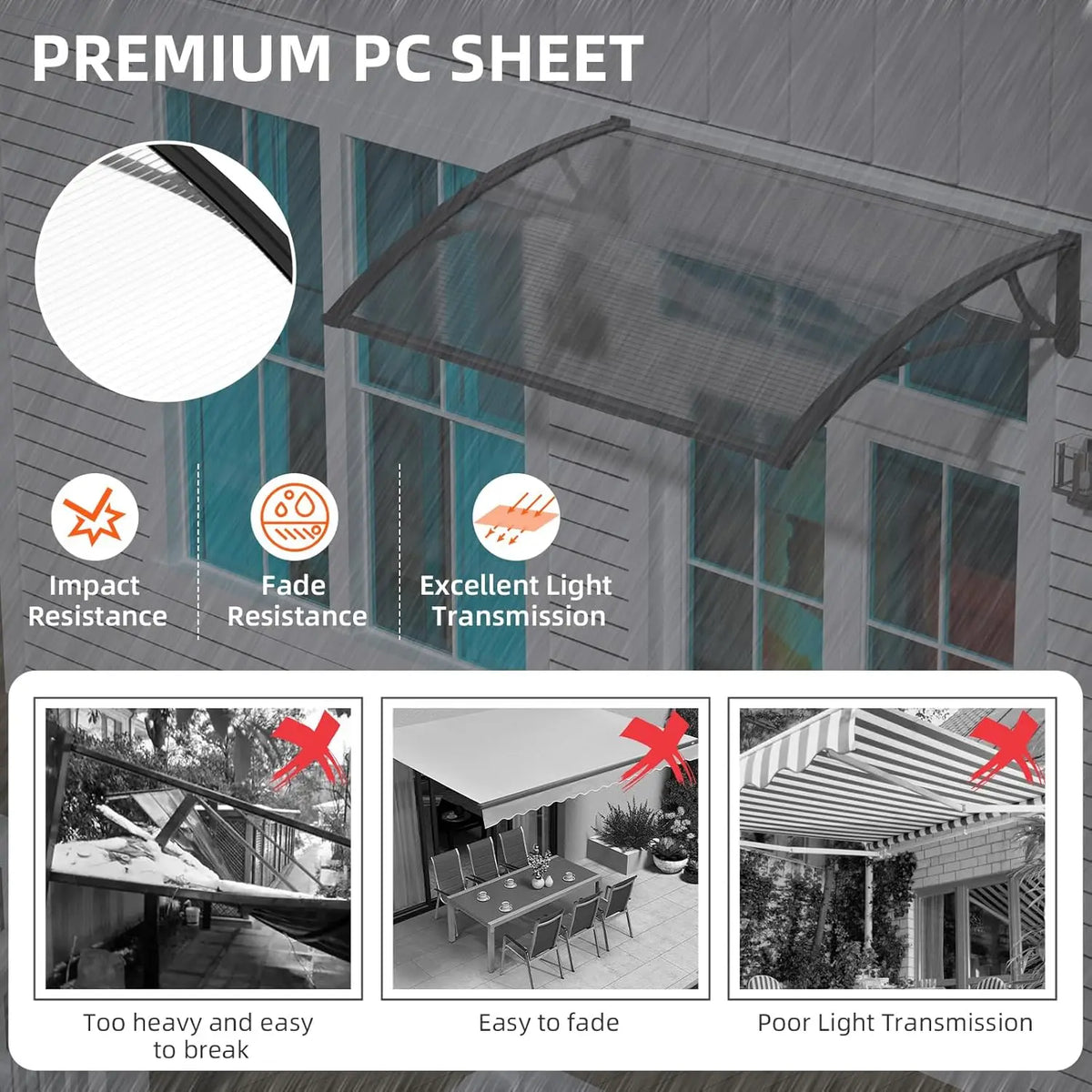 Polycarbonate Outdoor Awning - Waterproof DIY Canopy Roof Cover for Doors, Windows & Patios