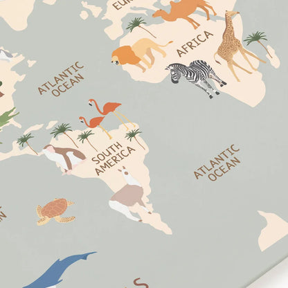 Pastel Animal World Map Canvas Wall Art – Educational Nordic Poster Print for Kids Room Decoration & Nursery Home Decor