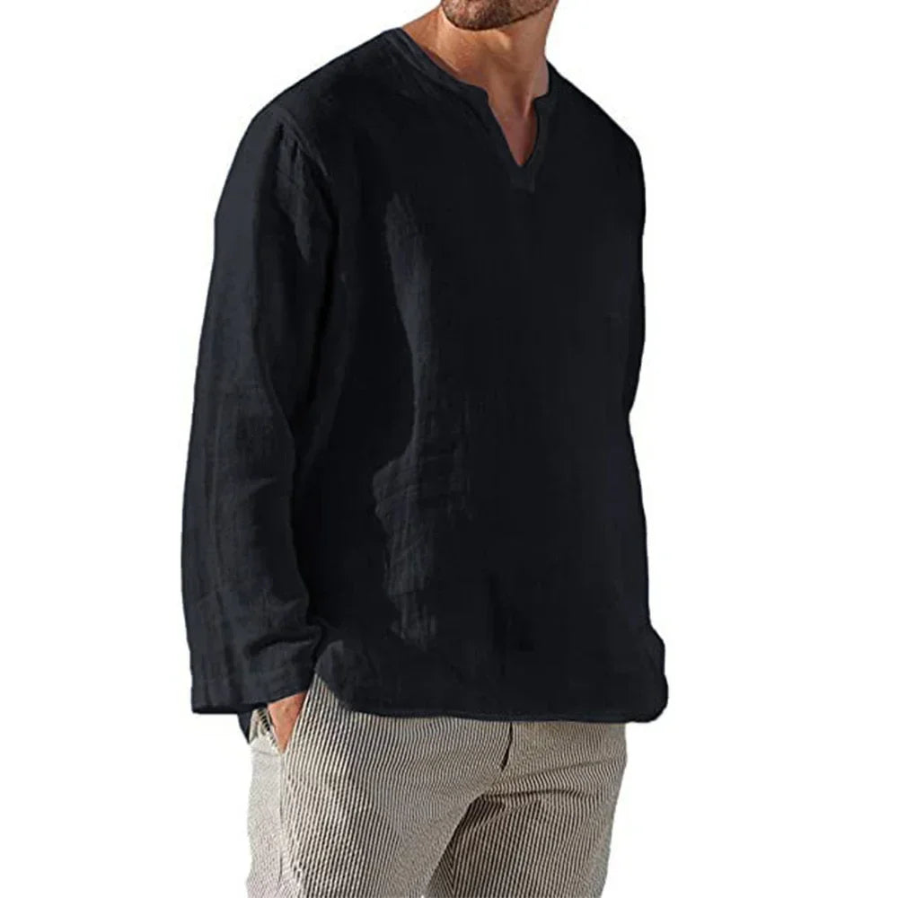 Men's Cotton Linen Shirt — Cozy Solid Color Long Sleeve V-Neck Casual Hawaiian Top, Lightweight & Breathable