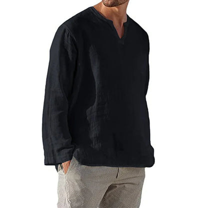 Men's Cotton Linen Shirt — Cozy Solid Color Long Sleeve V-Neck Casual Hawaiian Top, Lightweight & Breathable