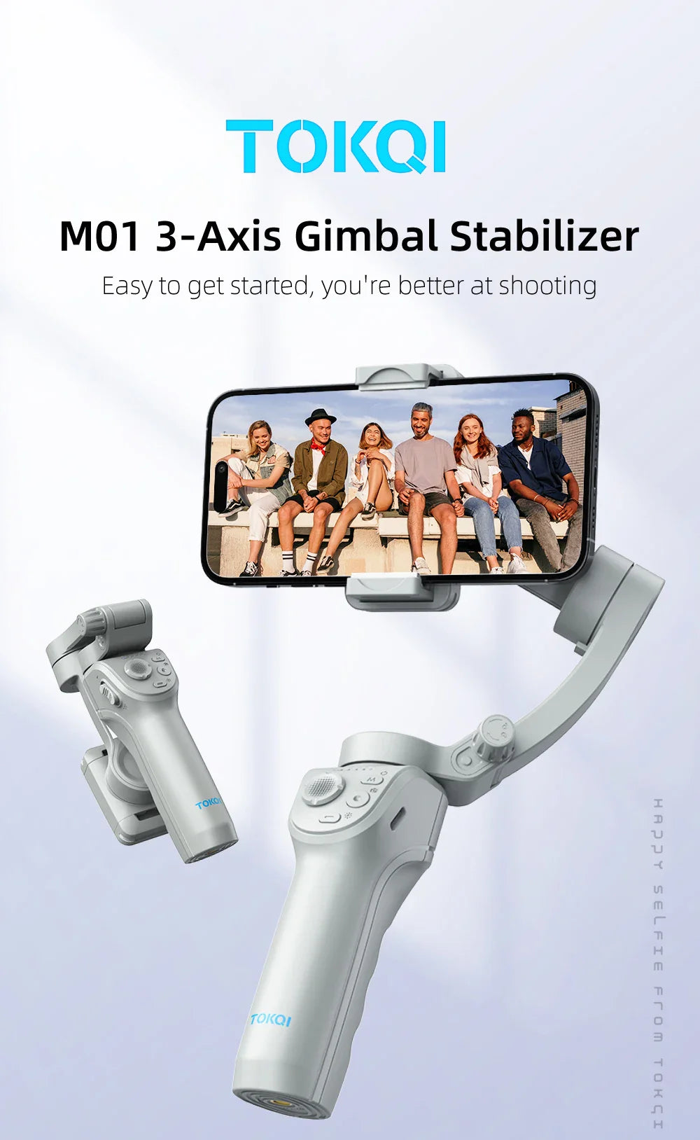 TOKQI M01 3-Axis Handheld Gimbal Stabilizer – Anti-Shake Foldable Holder, Selfie Tripod with Fill Light for iPhone & Smartphones
