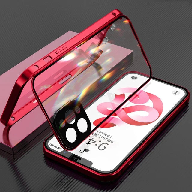 360° Full Protection Magnetic Metal Phone Case - Double-Sided Glass Cover with Lock Buckle for iPhone 11-16 Pro Max