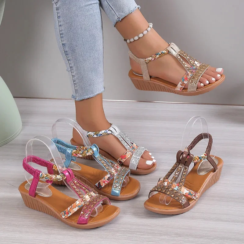 Women's Bohemian Wedge Sandals – Rhinestone Peep Toe Platform Casual Summer Beach Shoes