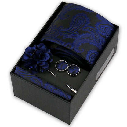 Men’s 4-Piece Tie Set Gift Box - Elegant Necktie with Handkerchief, Cufflinks & Brooch for Business, Wedding & Suit Accessories