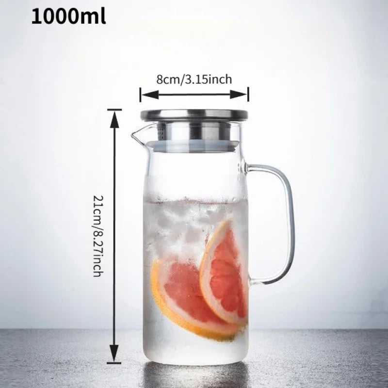 Borosilicate Glass Water Pitcher - 1L/1.5L Straight Juice Jug with Stainless Steel Lid for Coffee & Drinks