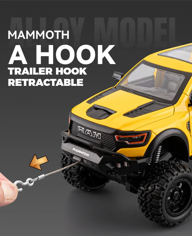 1:24 Dodge Mammoth RAM 1000 TRX 6x6 Diecast Model – Metal Alloy Pickup Toy Car with Lights for Kids & Collectors
