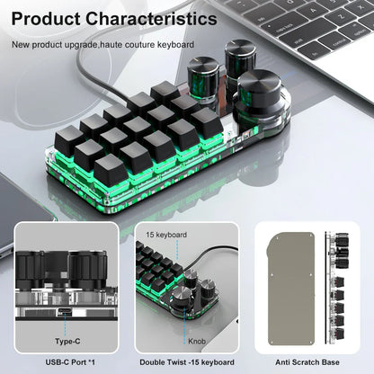 15-Key RGB Mechanical Macro Keyboard — Custom Programmable Hotswap Macropad with 3 Knobs for Photoshop & Gaming
