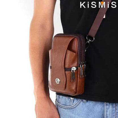 KISMIS Men’s Leather Waist Bag – Multifunction Fanny Pack with Large Capacity and Shoulder Strap