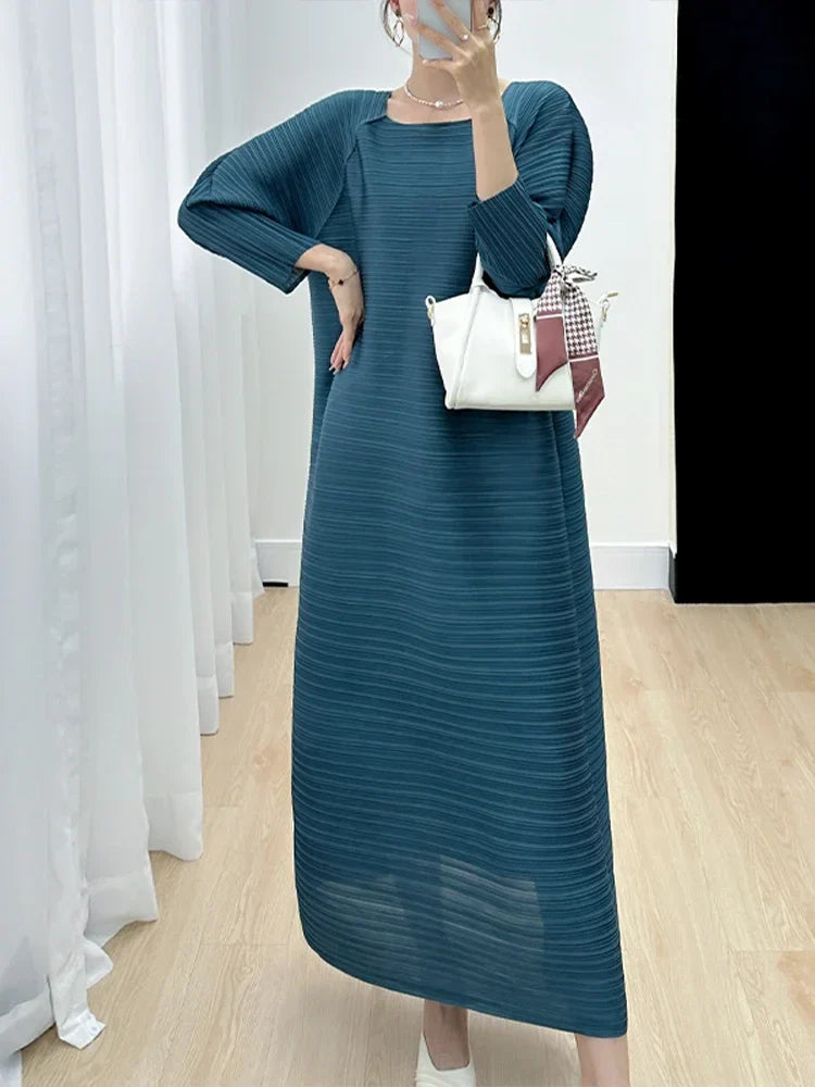 2023 Women's Miyake Pleated Long Dress – Full Sleeve, Round Neck, Korean Fashion, Plus Size Summer Style