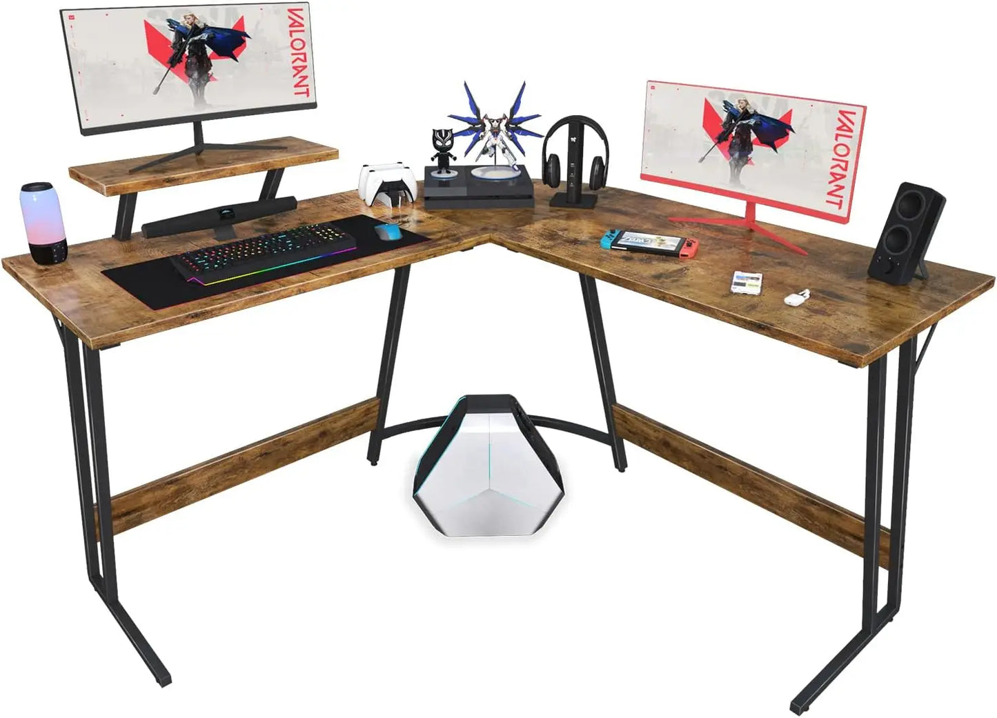 PC Gaming Desk with Large Monitor Riser – L-Shaped Corner Desk, Sturdy Writing Workstation for Office & Computer