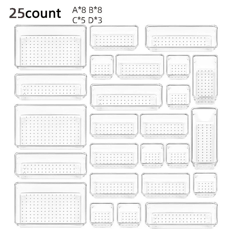 28PCS Clear Drawer Organizer Set - Multi-Size Storage Trays for Bathroom Vanity Kitchen & Bedroom