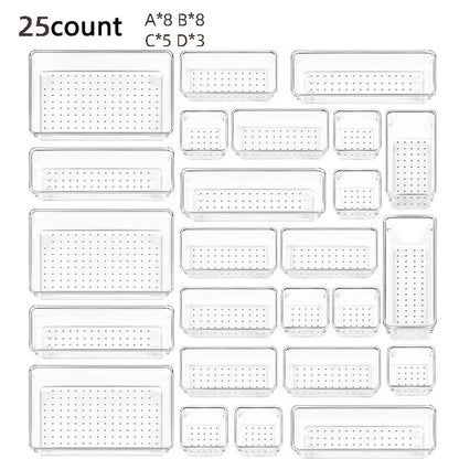 28PCS Clear Drawer Organizer Set - Multi-Size Storage Trays for Bathroom Vanity Kitchen & Bedroom