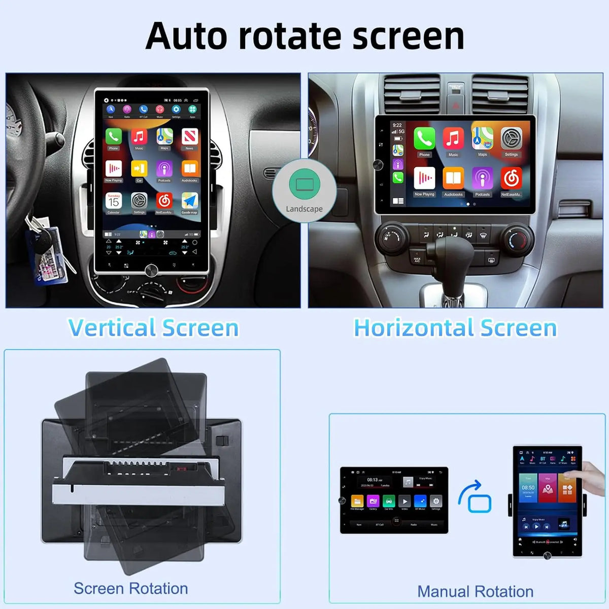 10 Inch Android 15 Car Stereo - Universal Double DIN Rotatable Touchscreen with Wireless CarPlay, GPS, Bluetooth, WiFi & Backup Camera Support