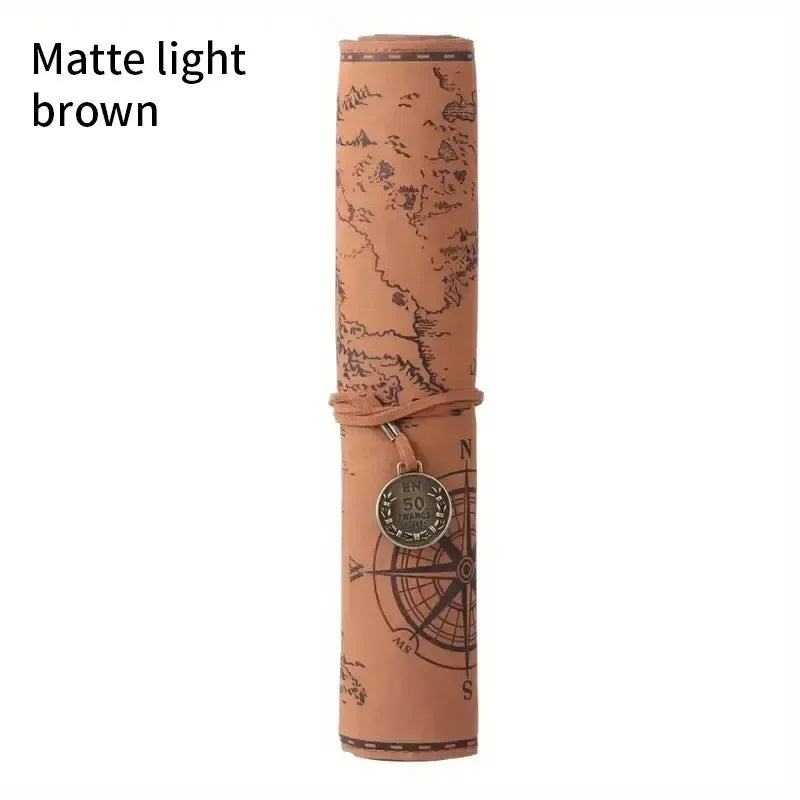 Creative Treasure Map Leather Pencil Case – Large Capacity Roll-Up Pencil Bag with Embossed Buckle, Retro Stationery Organizer