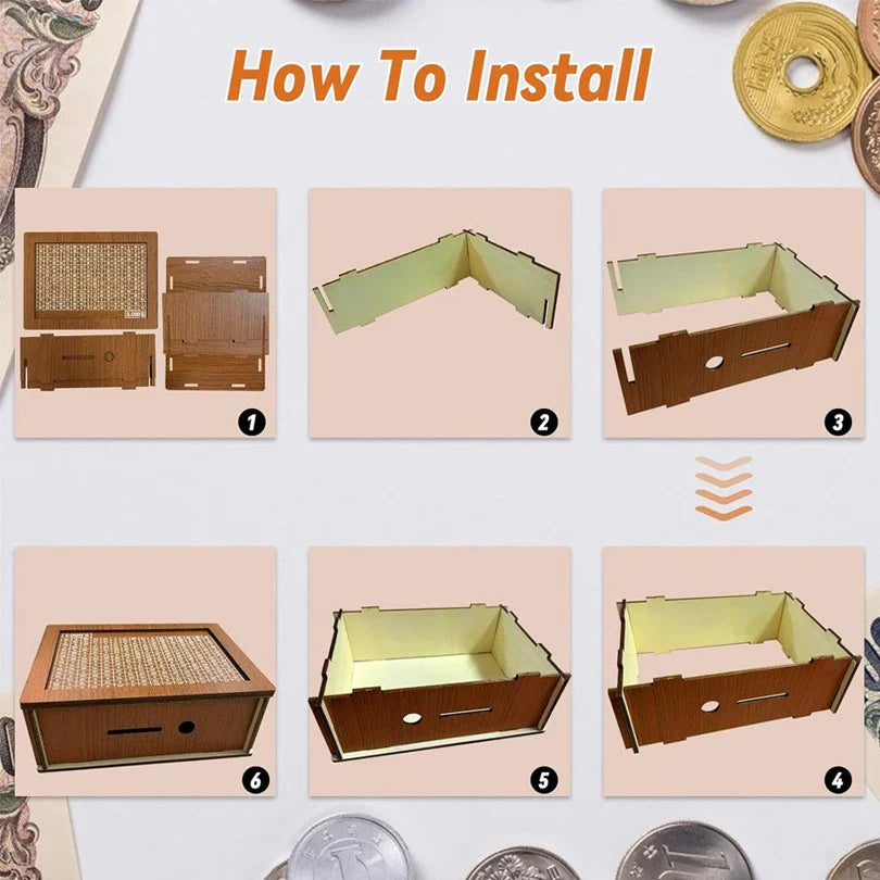 Wooden Money Box Piggy Bank – Cash Saving Treasure Coin Case for 1000/5000/10000 Euro – Encourages Saving Habit