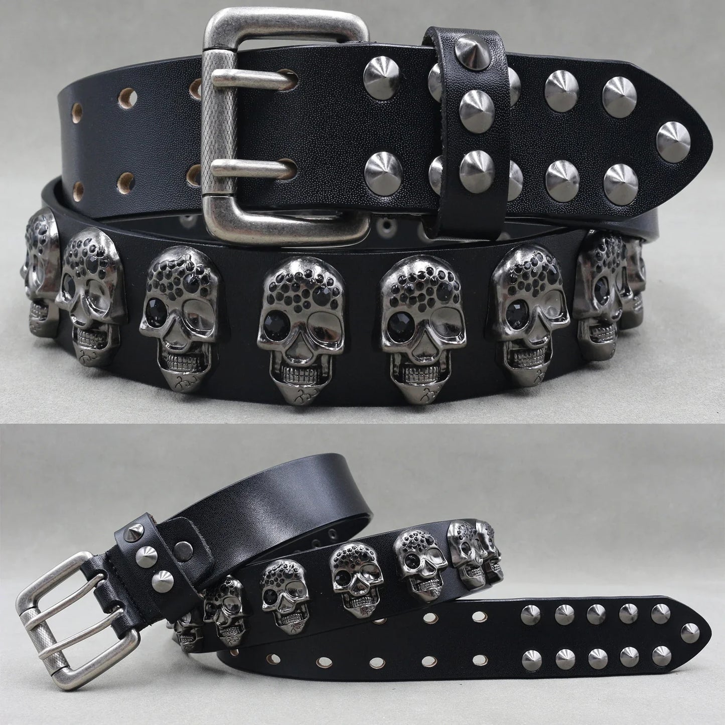 Men’s Designer Rivet Belt – Genuine Cowhide Leather Punk Rock Pin Belt for Jeans, Luxury Black Leather Belt