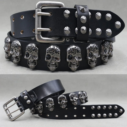 Men’s Designer Rivet Belt – Genuine Cowhide Leather Punk Rock Pin Belt for Jeans, Luxury Black Leather Belt