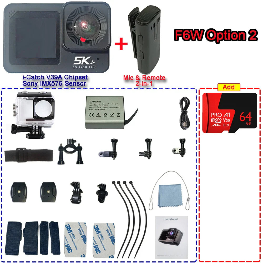 F6W Action Camera — 5K/4K60FPS, 48MP, 2.2" Touch LCD, EIS, Dual Screen, Wi-Fi, 170° Waterproof 30M, 8X Zoom Sports Camera with Wireless Mic
