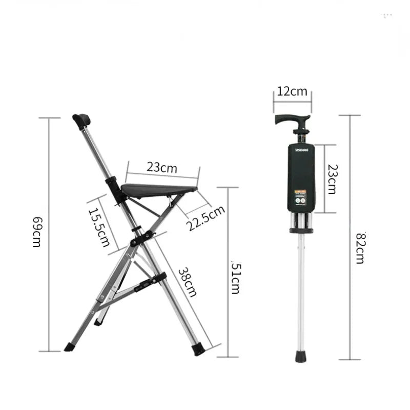 Multi-Functional Non-Slip Walking Stick with Seat – One-Key Foldable Crutch Chair, Triangular Bracing Elderly Hiking Pole Walker