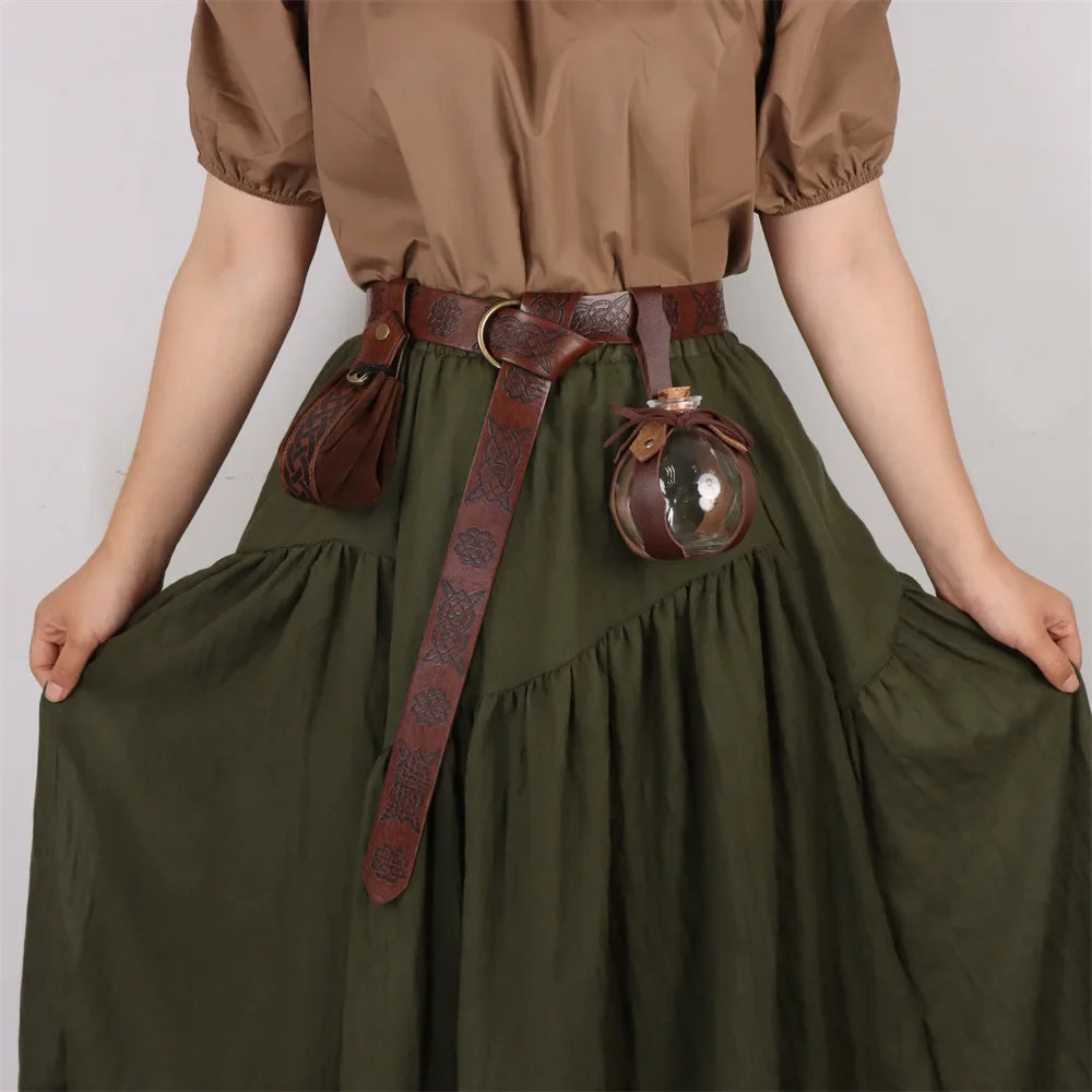 Medieval Elf Leaf Leather Belt Set – Glass Magic Bottle Case, Embossed Retro Leather Accessories for Halloween & Cosplay