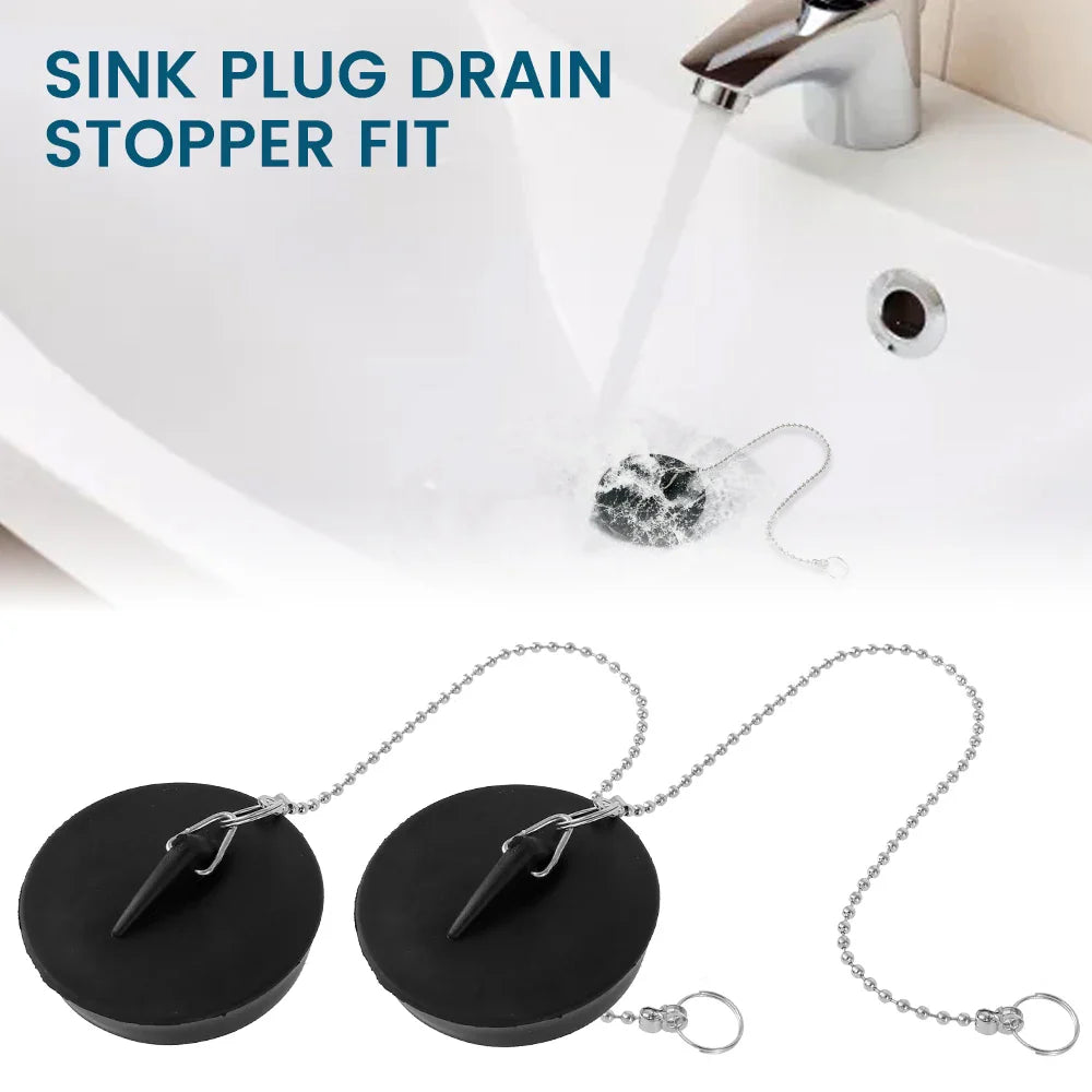 8/2PC Universal Sink Plug — Rubber Drain Stopper with Round Beaded Chain for Kitchen & Bathroom