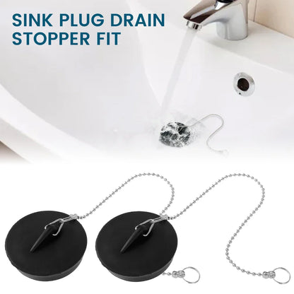 8/2PC Universal Sink Plug — Rubber Drain Stopper with Round Beaded Chain for Kitchen & Bathroom
